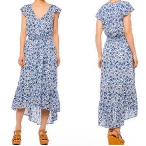 Lucky Brand Blue White V-Neck Flutter Sleeve Floral Dress Size M